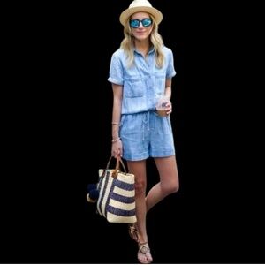 Side Stitch Denim Button Front Chambray Romper, Pockets, Tie Waist, Size Small